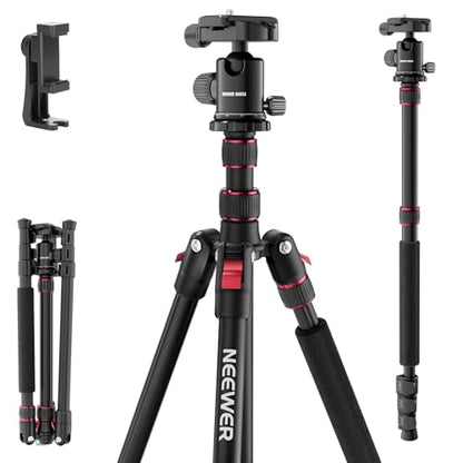 NEEWER Basics Camera Tripod Monopod, 71" Aluminum Heavy Duty Portable Travel DSLR Cell Phone Stand with 360° Ball Head Cellphone Holder Mount Compatible with iPhone for Filming Video Recording, TP15 - style: TP15 w/Ball Head