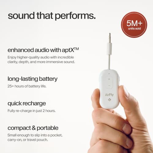 AirFly Pro 2 – Bluetooth Adapter, Pair 2 AirPods or Wireless Headphones – 3.5mm AUX Bluetooth Transmitter and Receiver for Cars, Boats, Treadmills, TVs & More – Travel Essentials,White - color: White, style: AirFly Pro 2