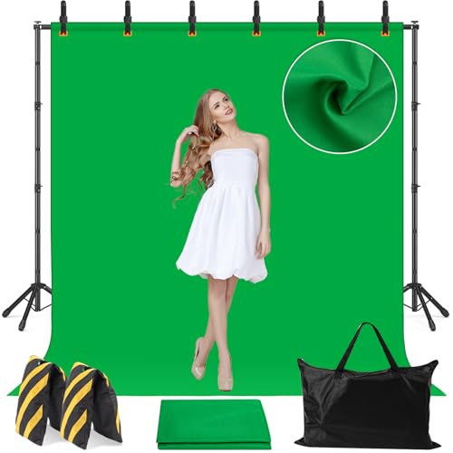 10x8.5 Backdrop Stand with Green Screen Backdrop for Photography Studio, Photo Backdrop Stand Kit for Video Streaming, and Live Broadcast, Background Stand Kit with Sandbags, Clips, Carring Bag - size: 10x8.5 ft