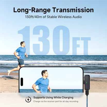 Wireless lavalier Microphone for iPhone 15 16 17 pro Android Phone Mini Mics,130ft 48h Battery, Noise Canceling Lapel Mic System for Sport Speaker Recording Video Facebook tiktok Outdoor