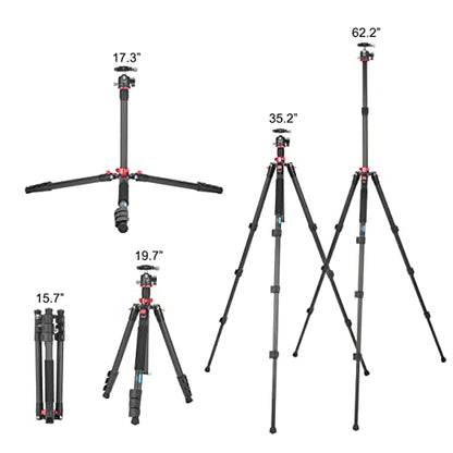 CAVIX 62" Professional Carbon Fiber Camera Tripod, Tripod & Monopod 2 in 1, Lightweight Travel Tripod with 360° Ball Head and Arca-Swiss QR Plate, 22lbs/10kg Load for DSLR Video Travel Photography - size: Carbon Fiber(62")