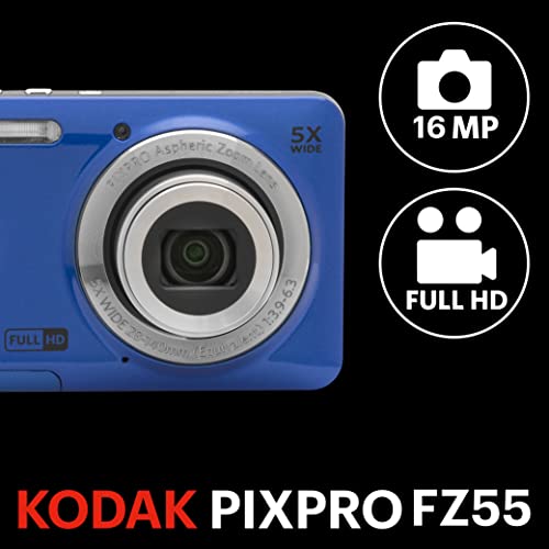 Kodak PIXPRO FZ55 Digital Camera, Compact Point & Shoot with 16MP Sensor, 5X Optical Zoom, 28mm Wide Angle, 1080p Video, Blue | 16.35MP 1/2.3 CMOS, 5x Lens, Full HD 1080p Video, 2.7 LCD, Rechargeable Li-Ion Battery - color: Blue