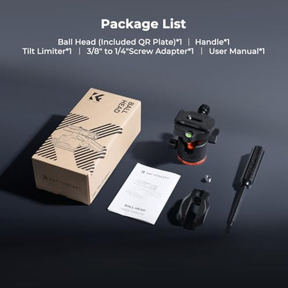 K&F CONCEPT 36mm Tripod Ball Head, 8kg Heavy Duty Head with Detachable Handle & Tilt Limiter, Arca Swiss Ball Head Mount with Quick Release + 360° Panoramic for Mirrorless Cameras and DSLRs