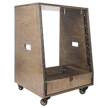 Sound Town 12U DIY Solid Baltic Birch Plywood Slanted Studio Rack with 12U Rack Space, Extra 2U Drawer, Rubber Feet, Casters, Weathered Brown (SDRK-12TBD2) - size: 12U, Weathered Brown, Slanted w/ Drawer