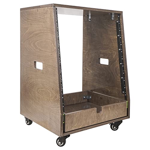 Sound Town 12U DIY Solid Baltic Birch Plywood Slanted Studio Rack with 12U Rack Space, Extra 2U Drawer, Rubber Feet, Casters, Weathered Brown (SDRK-12TBD2) - size: 12U, Weathered Brown, Slanted w/ Drawer