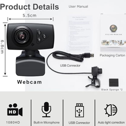 1080P Full HD Webcam with Noise-Canceling Microphone & Auto Light Correction, 110 Wide Angle, Plug & Play USB Camera for Laptop/Desktop/Mac/Zoom/Skype/Teams