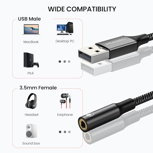 MOSWAG USB to 3.5mm Jack Audio Adapter 0.65Feet/20cm, External Sound Card Support Mic TRRS Headset with 3.5mm Aux Stereo Converter Compatible with Windows, PC, Laptop, Mac, Linux, Desktops, PS4 - color: Dark black, size: 1 pack