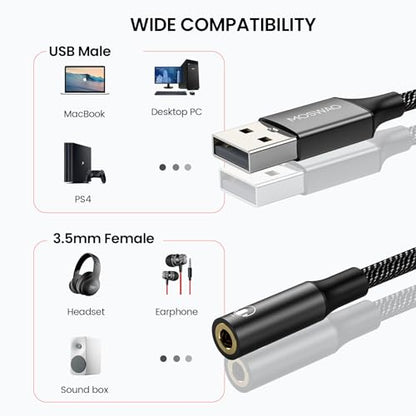 MOSWAG USB to 3.5mm Jack Audio Adapter 0.65Feet/20cm, External Sound Card Support Mic TRRS Headset with 3.5mm Aux Stereo Converter Compatible with Windows, PC, Laptop, Mac, Linux, Desktops, PS4 - color: Dark black, size: 1 pack