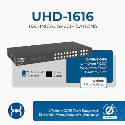 OREI 16x16 HDMI Matrix Switch - 4K Audio Extract, EDID, RS-232, WebGUI, IR | HDMI Switch 16 Input, HDMI Matrix 4K 16x16 – 18Gbps, HDR10+, Dolby Vision, Dolby Atmos, DTS:X, 1U Rack Mount - size: 16x16 Matrix