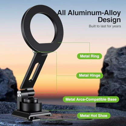 elitehood Magsafe Tripod Mount with Cold Shoe & Arca Port & 1/4" Thread, Aluminum Magnetic iPhone Tripod Mount Adapter for Camera, Adjustable Camera Phone Holder Attachment for iPhone & Smartphone - size: 3.5 inches arm with Arca Cold Shoe Base