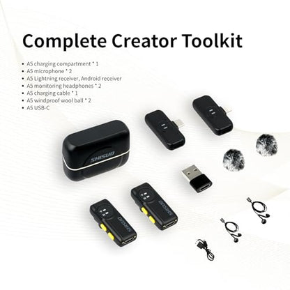 3-in-1 Wireless Lavalier Mic with 2 Receivers & 2 Mics, Lightning/USB-C/USB-A for iPhone 16 15 14, Android, PC, 40H Battery Life Noise Cancelling Lapel Mic with Furry Windscreens for Vlogging - color: Black and Silver