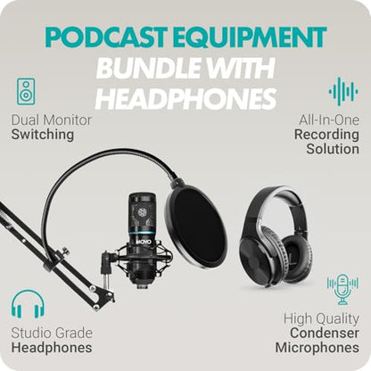 Movo PodKit2AH Podcast Equipment Bundle for 2 Condenser Microphone Kit with MDX-1 2x2 USB-C Audio Interface and Articulating Scissor Arm Mic Stand (with Headphones) - style: With Boom Arms