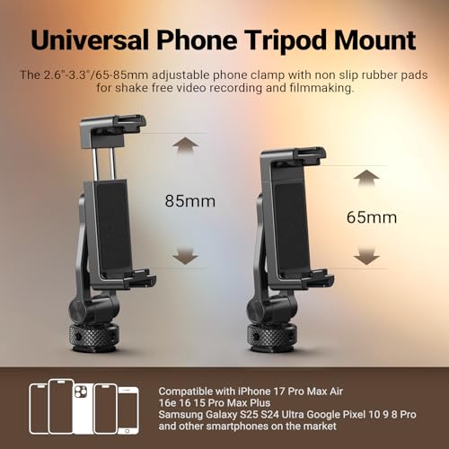 NEEWER Metal Phone Tripod Mount with Cold Shoes, 1/4" Thread, 180° Tilt, 360° Rotation, Adjustable Phone Clamp Holder Compatible with iPhone 17 Pro Max 16 15 Samsung S25 S24 Ultra Camera Cage, GA010 - style: GA010