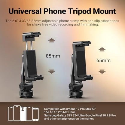 NEEWER Metal Phone Tripod Mount with Cold Shoes, 1/4" Thread, 180° Tilt, 360° Rotation, Adjustable Phone Clamp Holder Compatible with iPhone 17 Pro Max 16 15 Samsung S25 S24 Ultra Camera Cage, GA010 - style: GA010