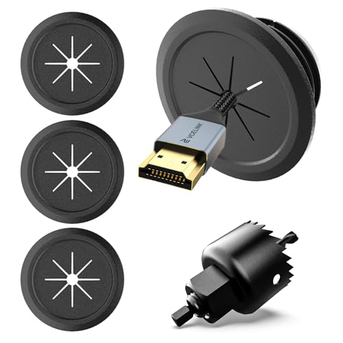 VCELINK TV Cord Hider for Wall Mounted TV — 4-Pack 2.36" (60 mm) Mini Black Cable Management Grommets with 1 Hole Saw Drill Bit — Push-Through Wall Cable Holes for Mounted TVs, Desks, and Speakers - color: Black
