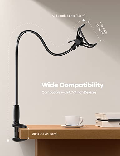 Lamicall Gooseneck Phone Holder for Bed - [Upgraded Stable Clip] for Desk, Headboard, Bed, Bedside, Table, Flexible Gooseneck Long Arm Stand, Overhead Cell Phone Clamp Mount, Gift for All 4-7” Device - color: black