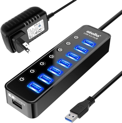 Powered USB Hub 3.0, Atolla 8-Port USB 3.0 Data Hub Splitter with One Smart Charging Port and Individual On/Off Switches and 5V/4A Power Adapter USB Extension for MacBook, Mac Pro/Mini and More - size: 8-Port USB 3.0 Hub