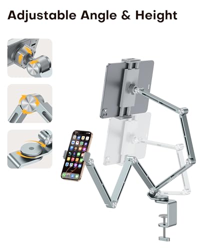 OMOTON Tablet Stand for iPad with 360° Rotation, GH03 Aluminum Alloy Long Arm Phone Mount with 2 Plastic Clamps (Phone & Tablet), Adjustable Holder for 4-13" iPad Pro/iPhone, Grey - color: Grey