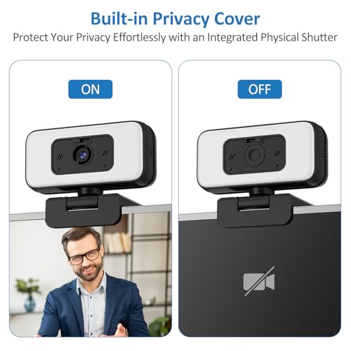 Webcam with Light, 2K HD Web Camera for Desktop Computer PC | Fixed Focus, 80° FOV, USB Plug and Play Web Cam for Video Calls, Online Meetings (4 Buttons-Adjust Brightness/Flip/Zoom)