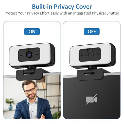 Webcam with Light, 2K HD Web Camera for Desktop Computer PC | Fixed Focus, 80° FOV, USB Plug and Play Web Cam for Video Calls, Online Meetings (4 Buttons-Adjust Brightness/Flip/Zoom) - color: Black
