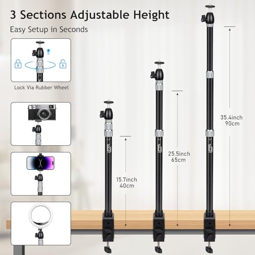 Taisioner Camera Desk Mount with 360° Ball Head, 15.7"-35.4" Adjustable Aluminum Alloy Stand - 6.6LBS Load C Clamp for DSLR, Ring Light, Live Streaming, Photo/Video Shooting