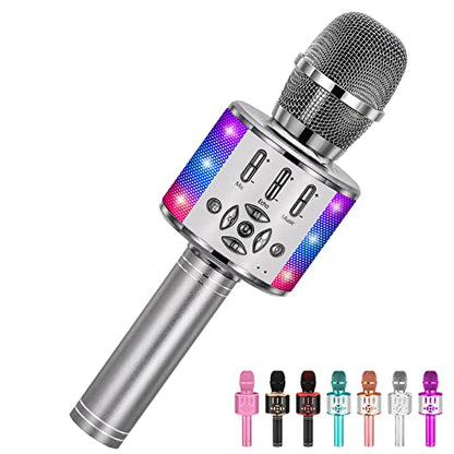 Amazmic Kids Karaoke Microphone Machine Toy Bluetooth Microphone Portable Wireless Karaoke Machine Handheld with LED Lights, Gift for Children Adults Birthday Party, Home KTV(Gray) - color: Gray