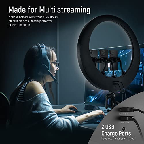 NEEWER Ring Light RP19H 19 Inch with Tripod Stand 3 Phone Holders Compatible with iPhone, Upgraded 2.4G Touch Control Ringlight for Video Recording Streaming Home Office Zoom Selfie Makeup Lighting