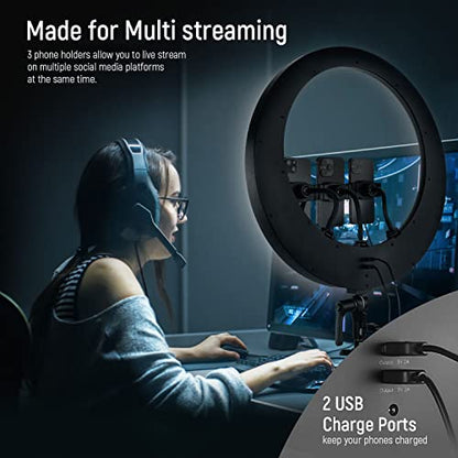 NEEWER Ring Light RP19H 19 Inch with Tripod Stand 3 Phone Holders Compatible with iPhone, Upgraded 2.4G Touch Control Ringlight for Video Recording Streaming Home Office Zoom Selfie Makeup Lighting