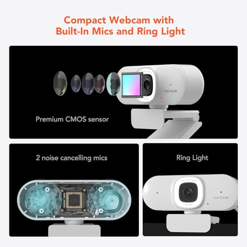 Nuroum V15AFL 2K Webcam with Ring Light for Streaming, Autofocus Webcam for PC w/Noise Cancelling Dual Mics, 1080P 60fps, 75° FOV&Lightweight, USB Web Camera Plug&Play for Zoom/Teams/OBS/Xsplit, white