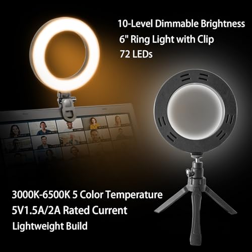6" Ring Light Video Conference Kit, 5-Color 10-Brightness Clip-On Light with Stable Ring-Light Clamp & 5" Tripod, Desk/Zoom/TikTok, Makeup Light, Selfie Light