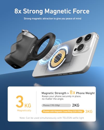 TELESIN Fun Shot Magnetic Phone Camera DSLR Style Shutter Grip for Magsafe iPhone & Android with Detachable Wireless Shutter Button for iOS26/17/18 -Comfort Ergonomic Phone Grip Handle Holder(B) - color: Black