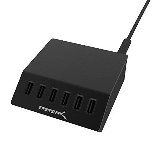 SABRENT Premium 60 Watt (12 Amp) 6 Port Aluminum Family Sized Desktop USB Rapid Charger.[UL Certified ] Smart USB Charger with Auto Detect Technology [Black] (AX-FLCH-B) - size: 6-Port
