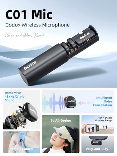 GODOX C01 Kit2 Wireless Lavalier Microphone for iPhone 15/16/17 & Android, USB C, Intelligent Noise Reduction, 48kHz/24bit Audio & 200m Range for Vlogging, YouTube (2 TX + 1 USB-C RX + Charging Case)