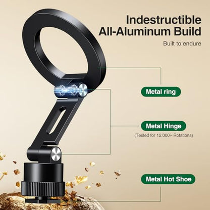 elitehood Magnetic Magsafe Tripod Phone Mount Holder, Foldable Phone Holder for Tripod Attachment with 1/4” Screw & Cold Shoe, All Aluminum iPhone Mount Adapter for Recording Shooting Vlogging - style: Cold Shoe Base