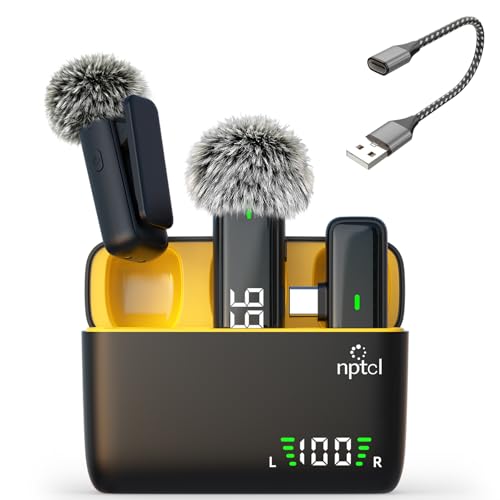 NPTCL Wireless USB Type C Microphone for iPhone 17/15/16 PC Laptop Computer | Noise Canceling, LED Digital Charge Display, 1100mAh Charging Case, Lavalier Mics for Content Creator Vlog Video Recording