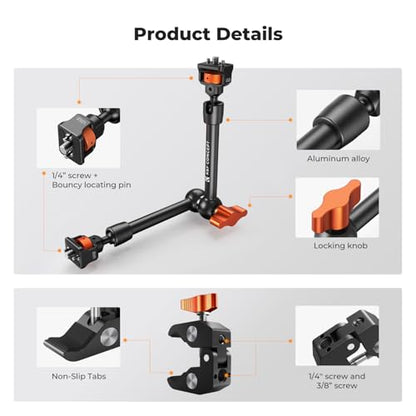 K&F CONCEPT 11" Magic Arm Clamp with ARRI 1/4" & 3/8" Thread Screw 360° Ball Heads Articulating Arm Camera Adapter for DSLR, Monitor, LED Light, Microphone, Camera Cage, Action Camera - size: 11 Inch with Adapter