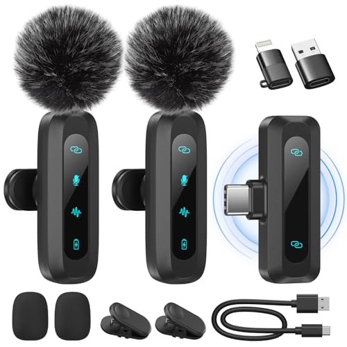 2026 Upgraded Wireless Lavalier Microphone, 2-Pack Mini Lapel Mic with Noise Reduction, USB-C, Lightning and USB-A Adapters for iPhone, Android, iPad, Laptop, Video Recording, Podcast, TikTok, YouTube