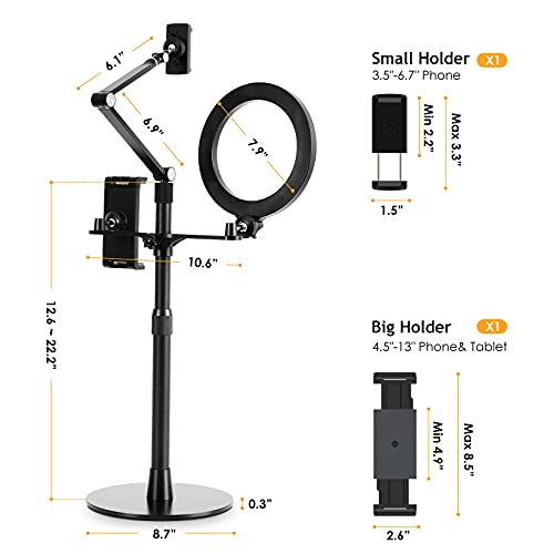 SupeDesk Selfie Ring Light Phone Tablet Stand, 8" LED, 3-in-1, Overhead Phone Stand, Compatible with 4.5-13" Phone&Tablet, Adjustable Long Arm, YouTube/Tiktok Video, Zoom, Live Stream