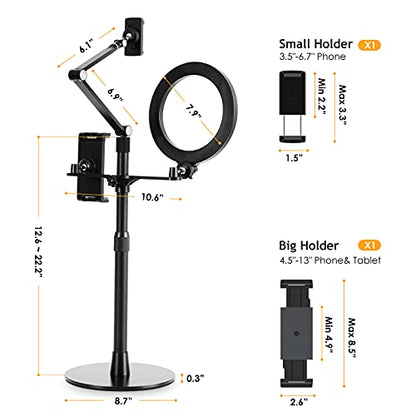 SupeDesk Selfie Ring Light Phone Tablet Stand, 8" LED, 3-in-1, Overhead Phone Stand, Compatible with 4.5-13" Phone&Tablet, Adjustable Long Arm, YouTube/Tiktok Video, Zoom, Live Stream