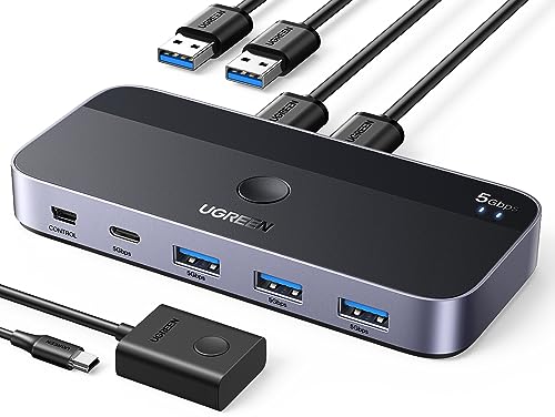 UGREEN USB 3.0 Switch 2 Computers Sharing USB C & A Devices, 4 Port USB Switcher Sharing Keyboard and Mouse, Printer/Scanner USB Switch Hub for Two Computers with 2 USB3.0 Cables and Controller - color: Black