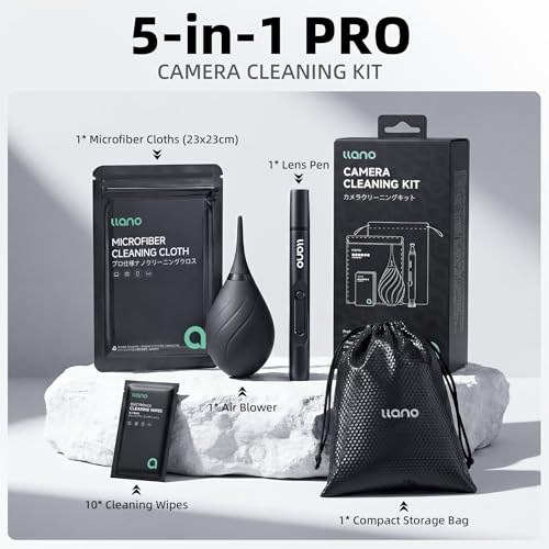 llano 5-in-1 Camera Lens Cleaning Kit with Cleaning Solution 60ml, Swab, Pen, Air Blower, Nano-Fiber Cloth, Wipes, Cleaning Kit for Computer PC MacBook iPhone Camera