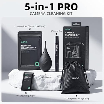 llano 5-in-1 Camera Lens Cleaning Kit with Cleaning Solution 60ml, Swab, Pen, Air Blower, Nano-Fiber Cloth, Wipes, Cleaning Kit for Computer PC MacBook iPhone Camera