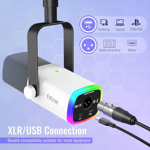 FIFINE XLR/USB Gaming Microphone Bundle with Metal Boom Arm, Dynamic RGB Mic with Mute, Gain, Monitoring for Streaming, Vocal Recording, Podcast Arm Stand for Home Studio Video Creation (AM8W+CS1W)