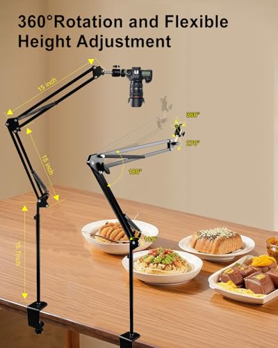 Overhead Phone Mount with Adjustable Arm and Desk Clamp, Camera Desk Mount Fit for DSLR iPhone Webcam Ring Light, Phone Holder Fit for YouTube TikTok Photography Video Recording