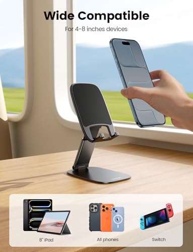 Lamicall Ultra-Thin Foldable Cell Phone Stand for Desk | 0.59" Slim Fold, Height & Angle Adjustable, Sturdy Metal Base, Thick Case Friendly for iPhone 17/16/15/14 Pro Max, Galaxy S26 - color: A-Black