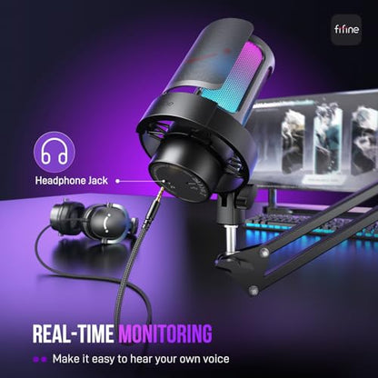 FIFINE USB Gaming Microphone Kit, PC Streaming Mic with RGB Lights, Mute, Gain Knob, Metal Boom Arm for Recording Podcast, Condenser Computer Microphone Set Compatible with PS4/PS5-AmpliGame A8T - size: A8T-Boom Arm