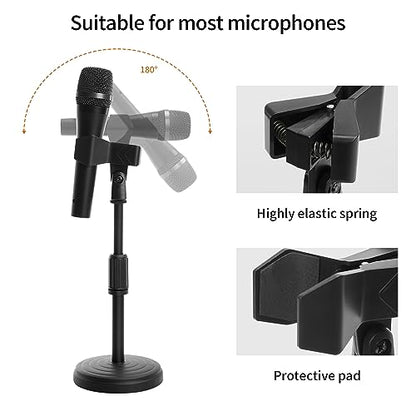 Desk Mic Stand - Upgraded Adjustable Table Microphone Stand with Mic Clip Compatible with Max 1.7 inch Diameter Microphone - Height 9.6 to 13.9 inch