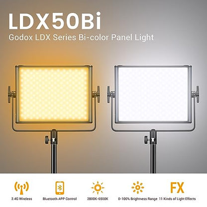 Godox LDX50Bi 14'' Bicolor LED Video Light, 65W 2800K-6500K LED Panel Light with 600 LED Beads 11 FX Effects CRI/TLCI 96+ 9200Lux Dimmable 0-100% Studio Soft Lights for Photography