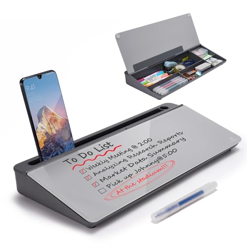 TSJ OFFICE Desktop Whiteboard Dry-Erase-Board - Computer Keyboard Stand White Board Surface Pad with Drawer, Desk Organizers with Accessories for Office, Home, School Supplies - Complete Grey - color: Grey Base/Glass
