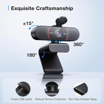 EMEET C960 4K Webcam with Tripod, 4K UHD Sony Sensor, 3 Adjustable Height Mini Tripod w/Privacy Cover, PDAF Auto Focus, Dual Noise-Cancelling Mics, Auto Light Correction, Perfect for Online Meetings - style: 4K Tripod